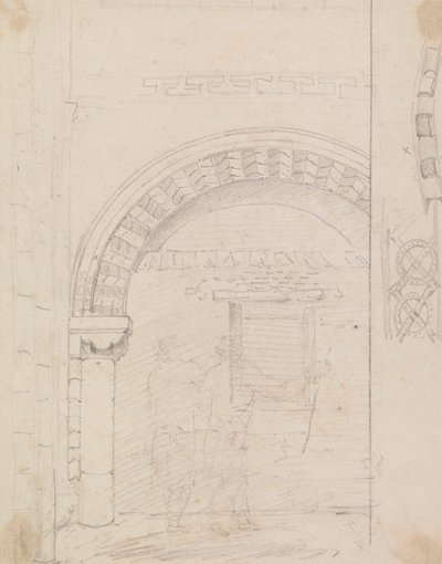 Esboço de figuras de pé debaixo de um arco de pedra de Capt. Thomas Hastings