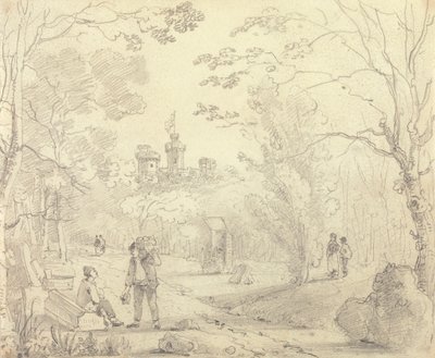 Esboço de uma Cena de Parque com Castelo das Vacas Orientais na Distância, Ilha de Wight de Capt. Thomas Hastings