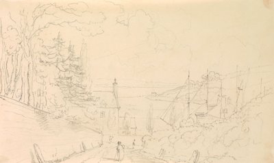 Esboço de uma estrada que desce até à costa com navios em calado de Capt. Thomas Hastings