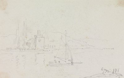Esboço de um barco à vela e de um edifício em terra de Capt. Thomas Hastings
