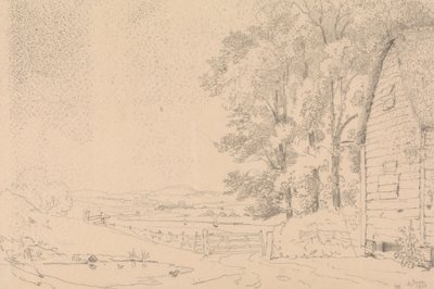 Esboço de um edifício de colmo e de um rio além de Capt. Thomas Hastings