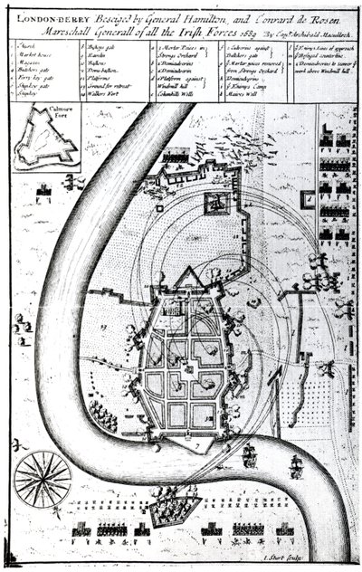 Londonderry Beseiged pelo general Hamilton e Conrad de Rosen, gravado por J. Sturt, 1689 de Captain Archibald Maculloch