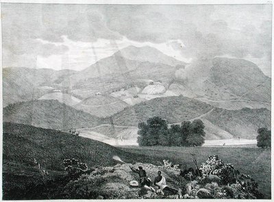 Vista da parte do lago e casas de campo em Ottacamund, montanhas de Neelgherry, placa 3 de vista sobre os Neilgherries de Captain E. A. after McCurdy
