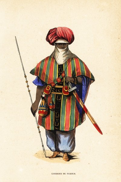 Nobre guerreiro tuaregue de Agadez, Níger, em tagelmust (turbante e véu), taktkat (camisa) e akarbey (calças) de Captain George Francis (after) Lyon