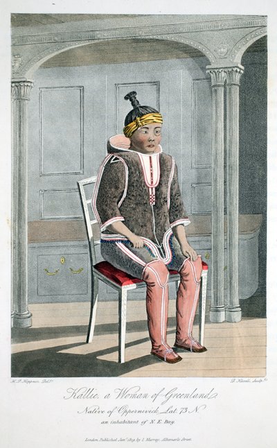 Kallie, uma mulher da Groenlândia, nativa de Oppernivick, ilustração de "A Voyage of discovery ...", 1819 (gravura colorida à mão) de Captain Hoppner