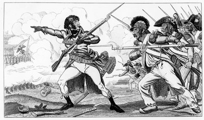 Os Voluntários em Sabots na Batalha de Valmy, 20 de setembro de 1792, ilustração de "Histoires de la Revolution Françoise" por Louis Blanc, gravada por S. Cracóvia de Caran d Ache