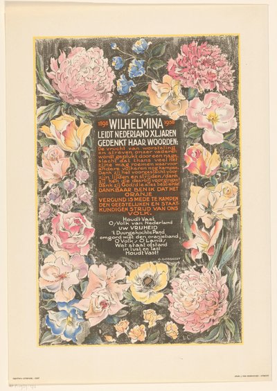 Cartaz por ocasião do quadragésimo aniversário do reinado da rainha Guilhermina dos Países Baixos de Carel Adolph Lion Cachet