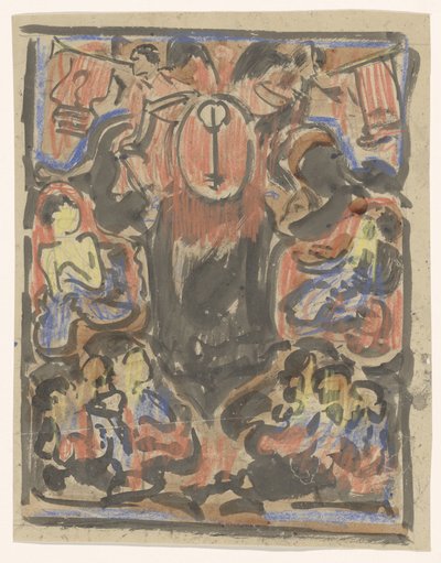 Desenho decorativo com dois anunciadores no topo de Carel Adolph Lion Cachet