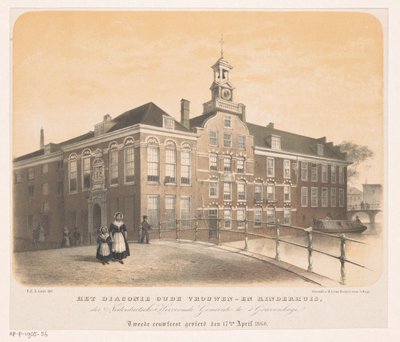 Lar de mulheres e crianças Diakonie em Haia O Lar de Velhas e Crianças Diaconie do Nederduitsche Hervormde Gemeente em Haia segundo centenário comemorado em 17 de abril de 1860 (título no objeto) de Carel Christiaan Antony Last