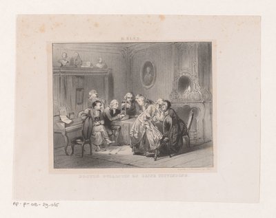 Joseph-Ignace Guillotin olha para uma miniatura de uma guilhotina Doutor Guillotin e sua invenção (título no objeto) de Carel Christiaan Antony Last