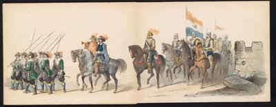 Máscara dos Estudantes de Leiden, 1850 (ilustração 13) Intogt por Frederik Hendrik no Hertogenbosch de 1629: representação fantasiada de H.H. alunos da Leydsche Hoogeschool den XI Junij do ano de 1850 (título da série no objeto) de Carel Christiaan Antony Last