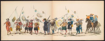 Máscara dos estudantes de Leiden, 1850 (placa 3) Intogt por Frederik Hendrik no Hertogenbosch de 1629: representação fantasiada de H.H. alunos da Leydsche Hoogeschool den XI Junij do ano de 1850 (título da série no objeto) de Carel Christiaan Antony Last