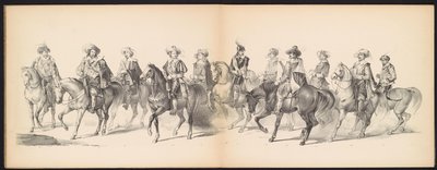 Máscara dos Estudantes de Leiden, 1850 (placa 7) Intogt por Frederik Hendrik no Hertogenbosch de 1629: representação fantasiada de H.H. alunos da Leydsche Hoogeschool den XI Junij do ano de 1850 (título da série no objeto) de Carel Christiaan Antony Last