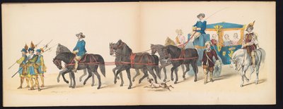 Máscara dos Estudantes de Leiden, 1850 (ilustração 8) Intogt por Frederik Hendrik no Hertogenbosch de 1629: representação fantasiada de H.H. alunos da Leydsche Hoogeschool den XI Junij do ano de 1850 (título da série no objeto) de Carel Christiaan Antony Last