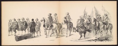 Máscara dos Estudantes de Leiden, 1850 (placa 9) Intogt por Frederik Hendrik no Hertogenbosch de 1629: representação fantasiada de H.H. alunos da Leydsche Hoogeschool den XI Junij do ano de 1850 (título da série no objeto) de Carel Christiaan Antony Last