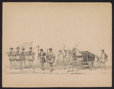 Mascarada dos estudantes de Utrecht, 1846 (placa 7)
Ilustração do desfile, representando o in-tour de Philips II, Príncipe de Espanha, em Utrecht, a 3 de Outubro de 1549, realizado a 17 de Junho de 1846, por S. H. Estudantes de Utrecht de Carel Christiaan Antony Last