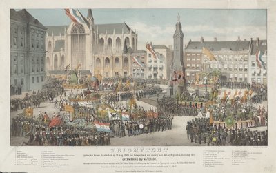 Triunfo em Amsterdã em 19 de junho de 1865 por ocasião da celebração do cinquentenário da vitória perto de Waterloo (título no objeto) de Carel Christiaan Antony Last