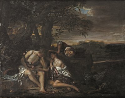 Um casal adormecido, descoberto por três mulheres numa paisagem Arcadiana (óleo sobre painel) de Carel De Moor II (attr. to)