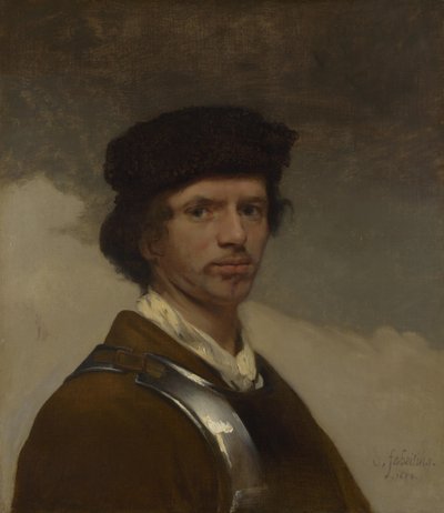 Um jovem com um gorro de pele e uma cuirra (provavelmente um autorretrato) de Carel Fabritius
