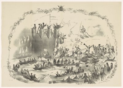Cartoon representando os planos de Thorbecke para abolir a Universidade de Ciências Aplicadas de Utrecht, 1863 Uma batalha entre dois elementos poderosos (título no objeto) de Carel Hendrik Thiebout