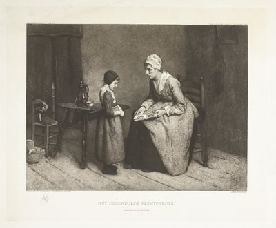 Mulher repreende uma garota por causa de uma lágrima em seu livro de imagens The Torn Picture Book (título no objeto) de Carel Lodewijk Dake