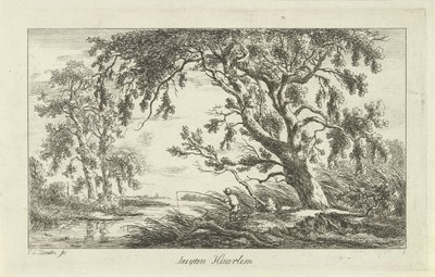 Pescador em uma paisagem fluvial Buyten Haarlem (título no objeto) Paisagens (a-f) (título da série) de Carel Lodewijk Hansen