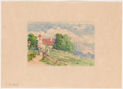 Oberbozen, uma estrada estreita leva a uma igreja na encosta de uma montanha de Carel Nicolaas Storm van 