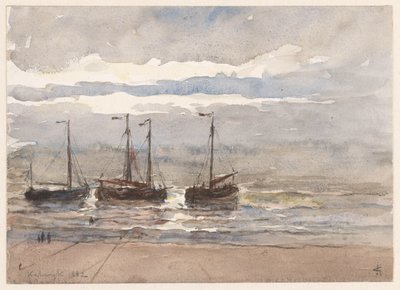 Barcos de pesca na praia de Katwijk na maré cheia de Carel Nicolaas Storm van 