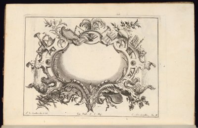 Cartouche com instrumentos musicais, Livre de Cartouches Reguliers (Livro de Cartouches regulares) de Carl Albert von Lespilliez