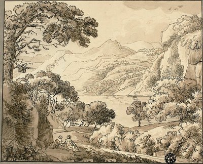 Lago de montanha com duas figuras de Carl August Lebschee