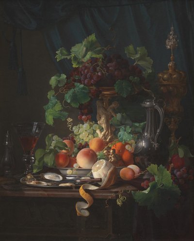 Arranjo com taças de vinho, ostras, limão e outras frutas de Carl Balsgaard