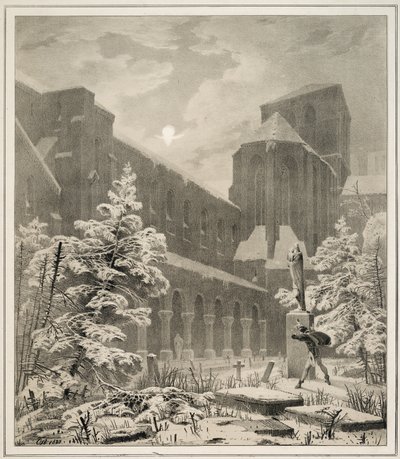 Igreja e cemitério na neve ao luar de Carl Blechen