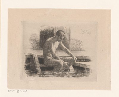 Homem nu sentado em degraus junto à água de Carl Bloch