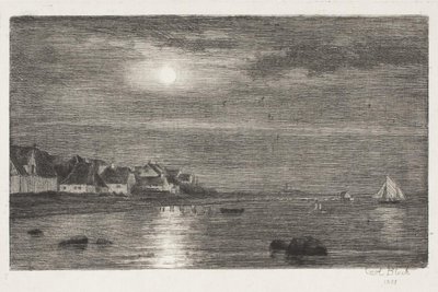 Seção de praia em Hellebæk. Luar de Carl Bloch