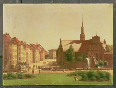 A Praça do Palácio e Holmens Kirke, de uma janela no Castelo Christiansborg, em Copenhague, 1866 de Carl Christian Constantin Hansen