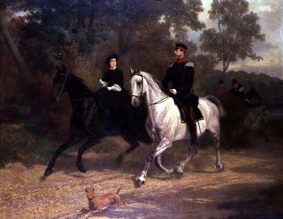 Uma Senhora e um Oficial, possivelmente Príncipe Herdeiro e Princesa da Prússia, cavalgando em um parque de Carl Constantin Steffeck