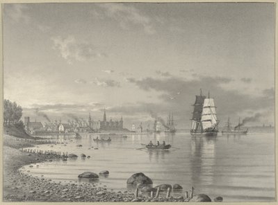 Navegação no Oresund com Helsingor e Castelo de Kronborg à distância de Carl Emil Baagoe