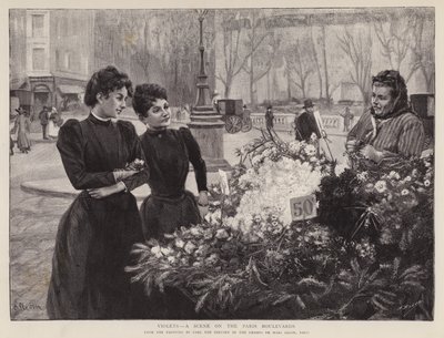 Violetas - uma Cena nos Boulevards de Paris, pintura no salão Champs de Mars, Paris (litho) de Carl Ernest von Stetten