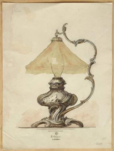 Desenho de um abajur de prata com corpo canelado torcido em estilo rococó, House of Carl Faberge de Carl Fabergé
