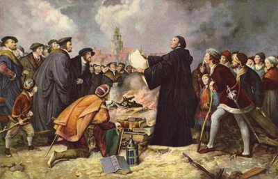 Martinho Lutero queima a Bula Papal em 1520 (cor litho) de Carl Friedrich (after) Lessing