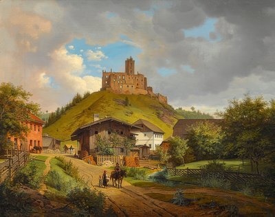Ruínas do castelo de Hilgartsberg e vista de Hofmark no Danúbio. 1829 de Carl Friedrich Heinzmann