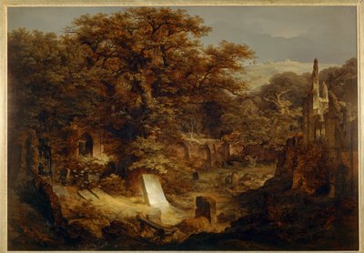 Cemitério e ruínas cobertas de árvores ... de Carl Friedrich Lessing