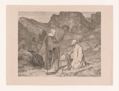Dois monges por uma árvore podada em uma paisagem de montanha de Carl Friedrich Lessing