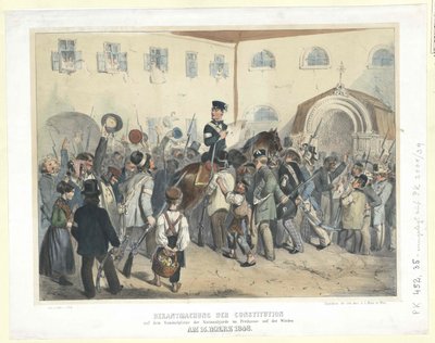 Proclamação da Constituição no local de reunião da Guarda Nacional na Freihaus (Casa Livre) em Wieden, a 15 de março de 1848 (litografia a cores) de Carl Goebel