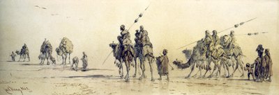 Uma Caravana de Beduínos Aproximando-se de um Poço no Deserto, 1868 (lápis e papel) de Carl Haag