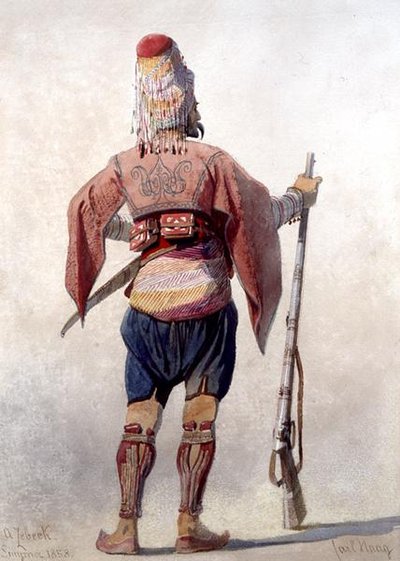 "Um Zebeck", um guerreiro turco de pé a segurar uma arma. de Carl Haag