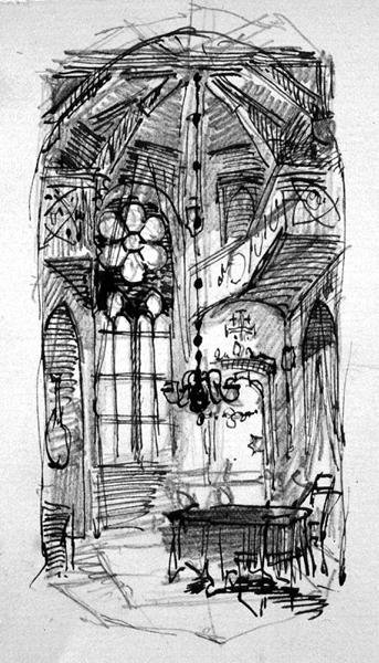 Um esboço do estúdio do artista Oberwesel (caneta e tinta e lápis sobre papel) de Carl Haag