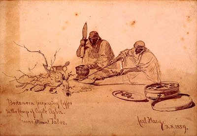 Beduínos preparando café no Campo de Agile Agha, perto do Monte Jaboz de Carl Haag