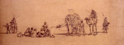 Figuras e camelos no deserto (lápis sobre papel vegetal colocado sobre cartão) de Carl Haag