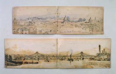 Hungerford Suspension Bridge e Monte Pineio, 1847 (lápis e papel) de Carl Haag